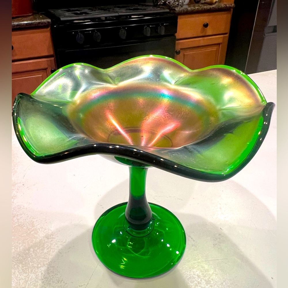 Vintage Green Carnival Glass Iridescent Footed Bowl 5.75” h x 6.25” w at top